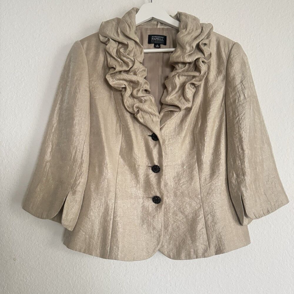 Adrianna Papell Evening Essentials Sz 10 Crape Beige Black Stones Button Blazer